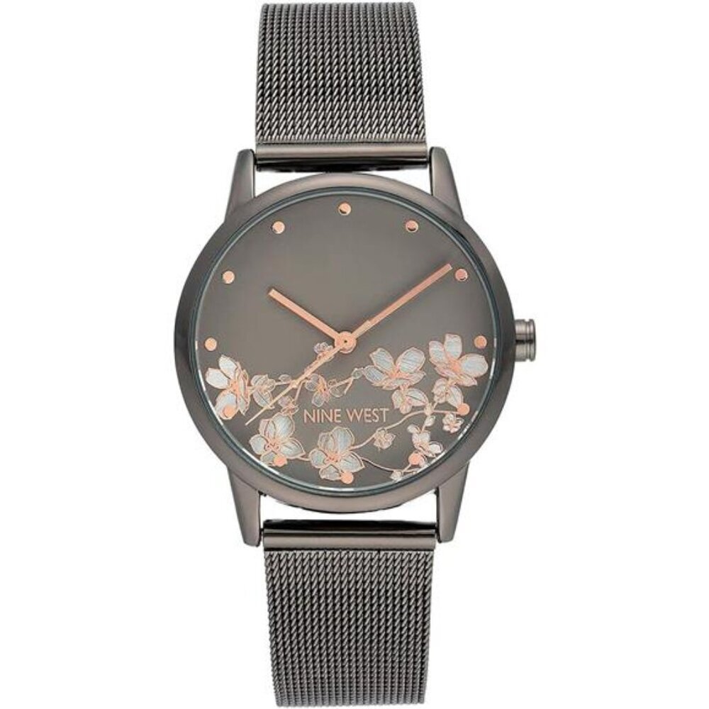 Nine West Womens Gunmetal Mesh Bracelet Watch Floral Dial Rose Gold Accents
